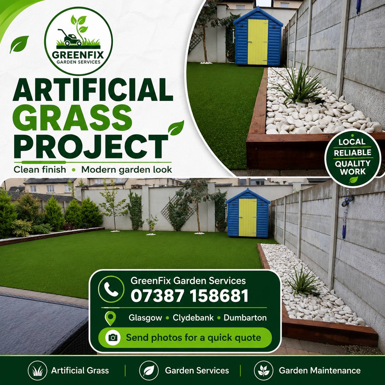 Artificial grass garden project in Glasgow by GreenFix Garden Services