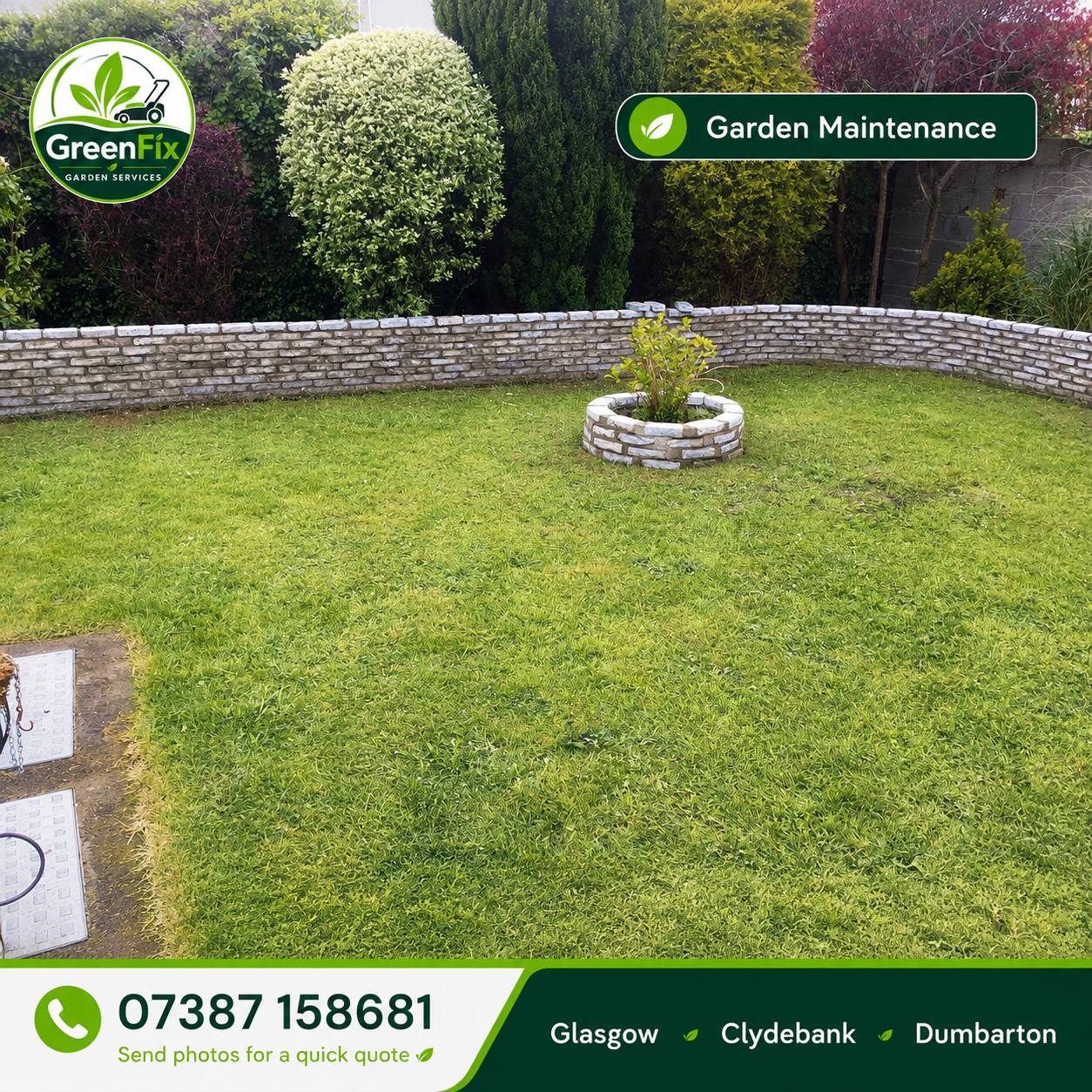 Garden maintenance with circular stone border in Glasgow by GreenFix Garden Services