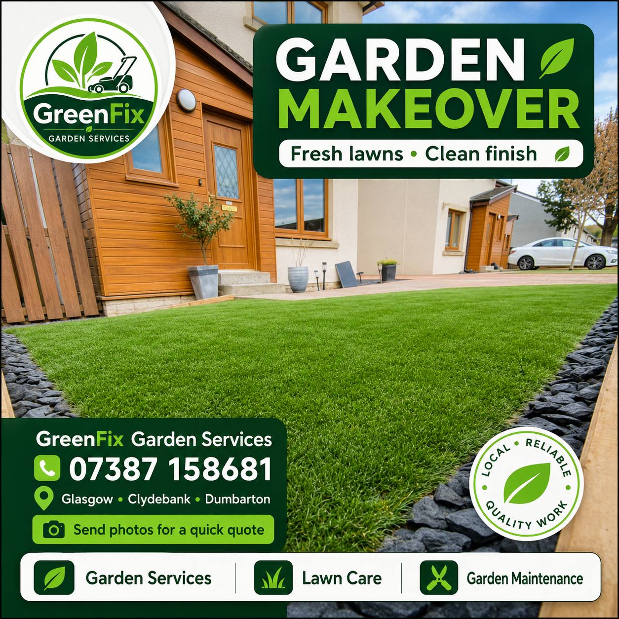 Garden makeover with fresh lawn in Glasgow by GreenFix Garden Services