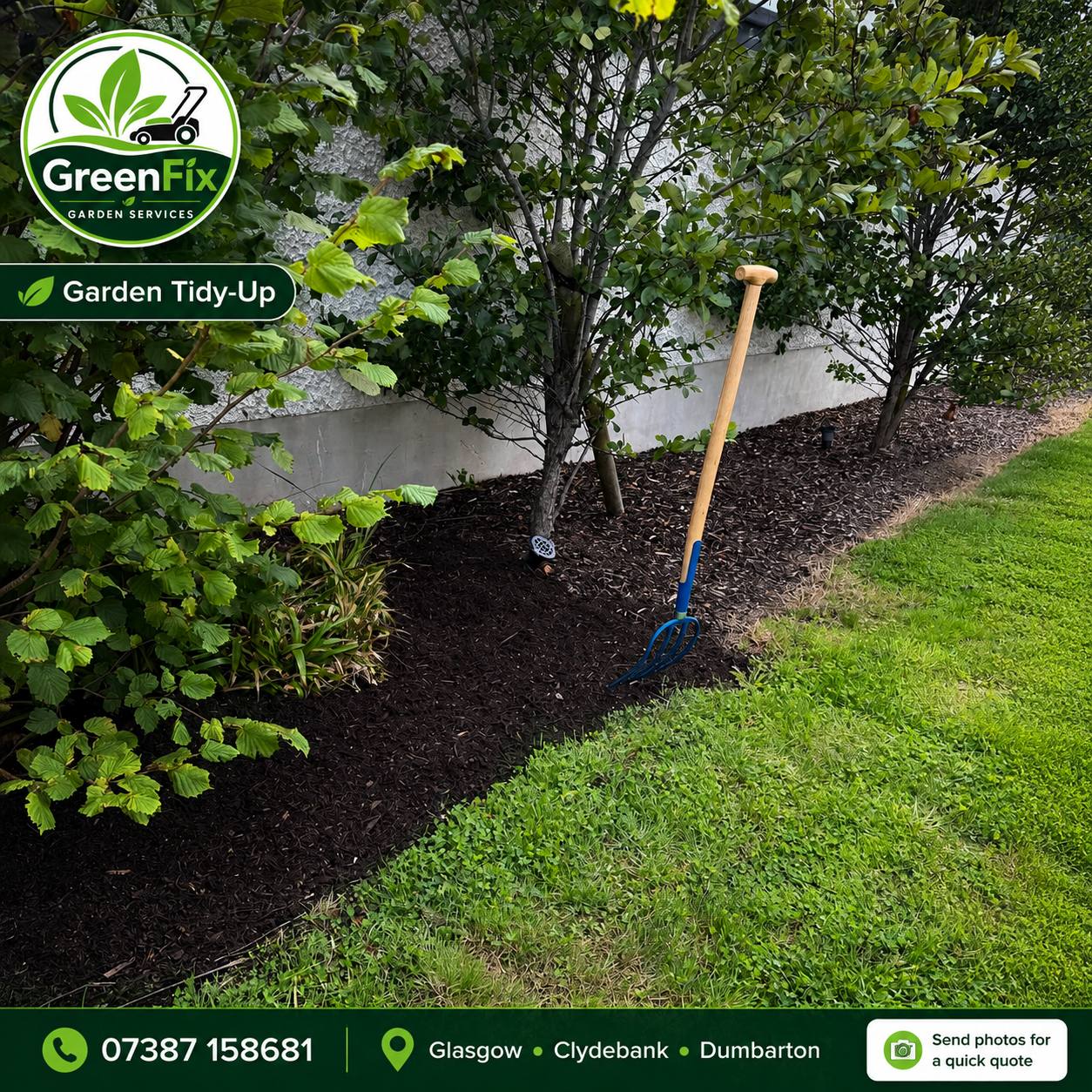 Garden tidy-up with mulch in Glasgow by GreenFix Garden Services