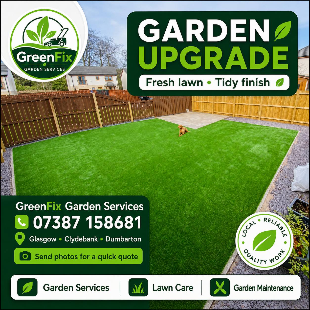 Garden upgrade with artificial grass in Glasgow by GreenFix Garden Services