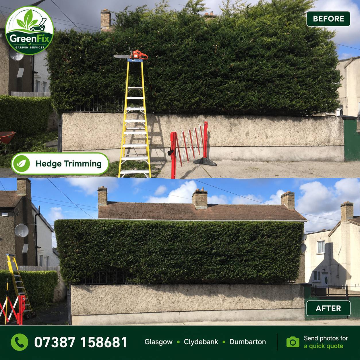 Hedge trimming before and after in Glasgow by GreenFix Garden Services