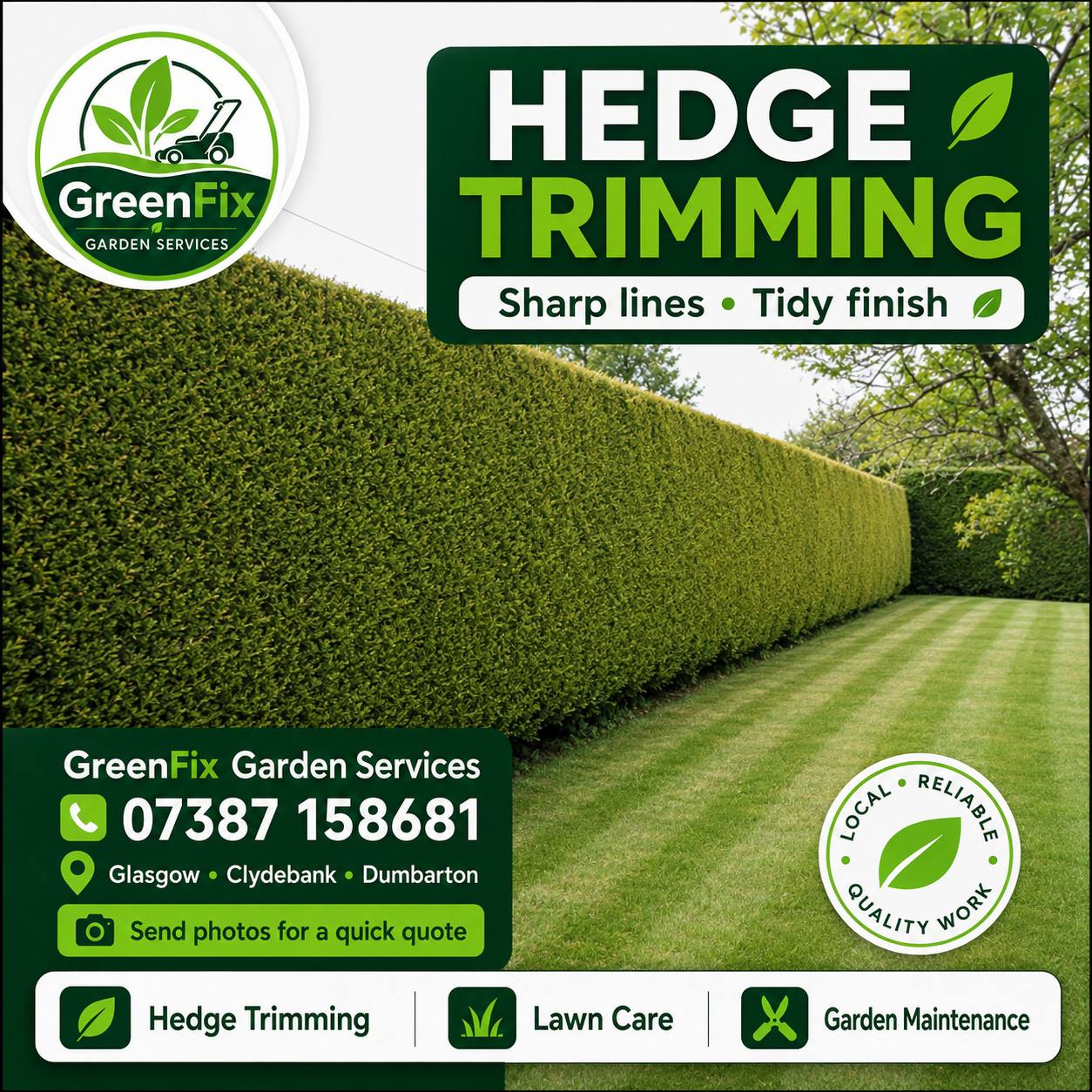 Large hedge trimming with sharp lines in Glasgow by GreenFix Garden Services