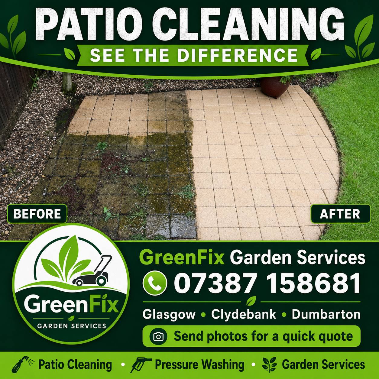 Patio cleaning before and after in Clydebank by GreenFix Garden Services