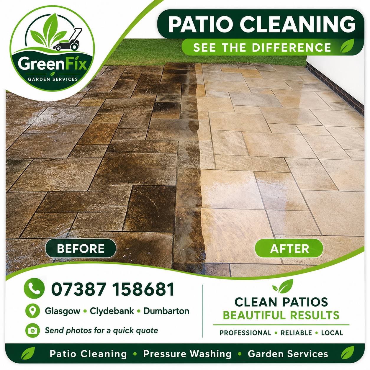 Patio cleaning before and after in Glasgow by GreenFix Garden Services